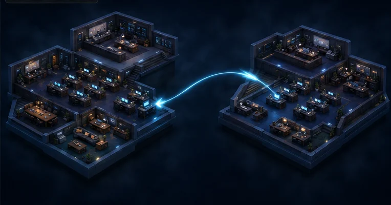 Two isometric office decks in dark space, joined by a single thread of light from a desk on one to a desk on the other